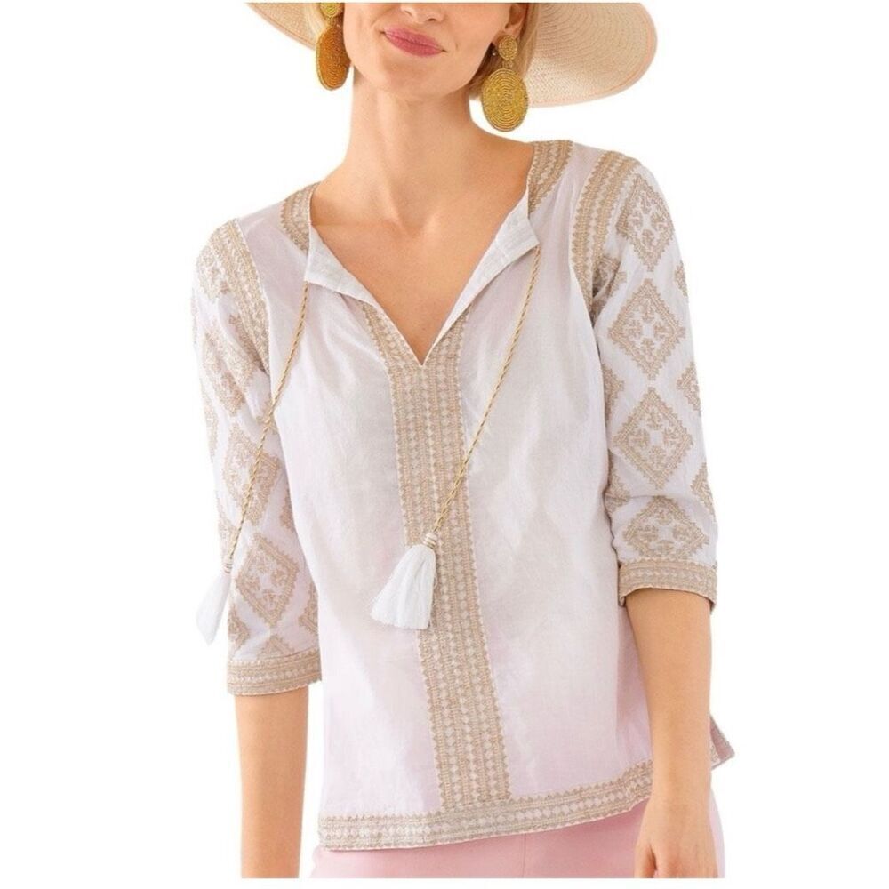 Gretchen Scott Odessa White & Gold Embroidered Tassel Tunic Top sz XS NWT